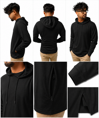 Buy black H9004 : Unisex Solid Front Jersey Hoodie with Hidden Zippered Pockets