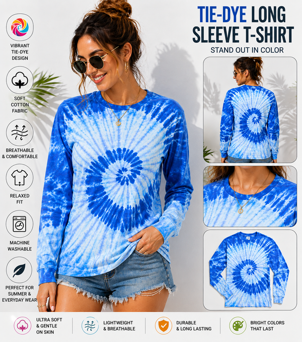 BSI 305 Women’s Tie Dye Soft Style T-Shirt – 60% Cotton 40% Polyester Crew Neck Long sleeve Tee