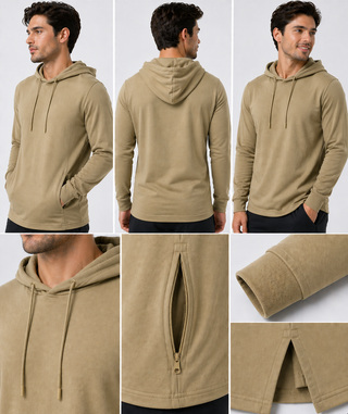 Buy tan H9004 : Unisex Solid Front Jersey Hoodie with Hidden Zippered Pockets