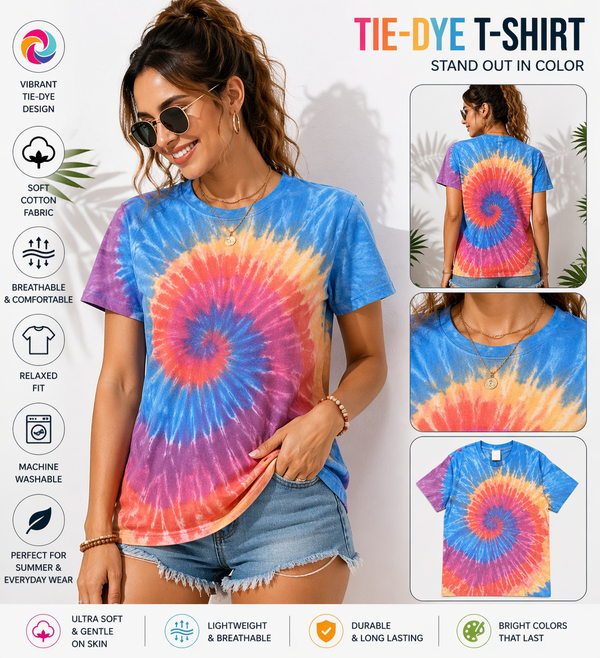 BSI 304 Women’s Tie Dye Soft Style T-Shirt – 60% Cotton 40% Polyester Crew Neck Tee